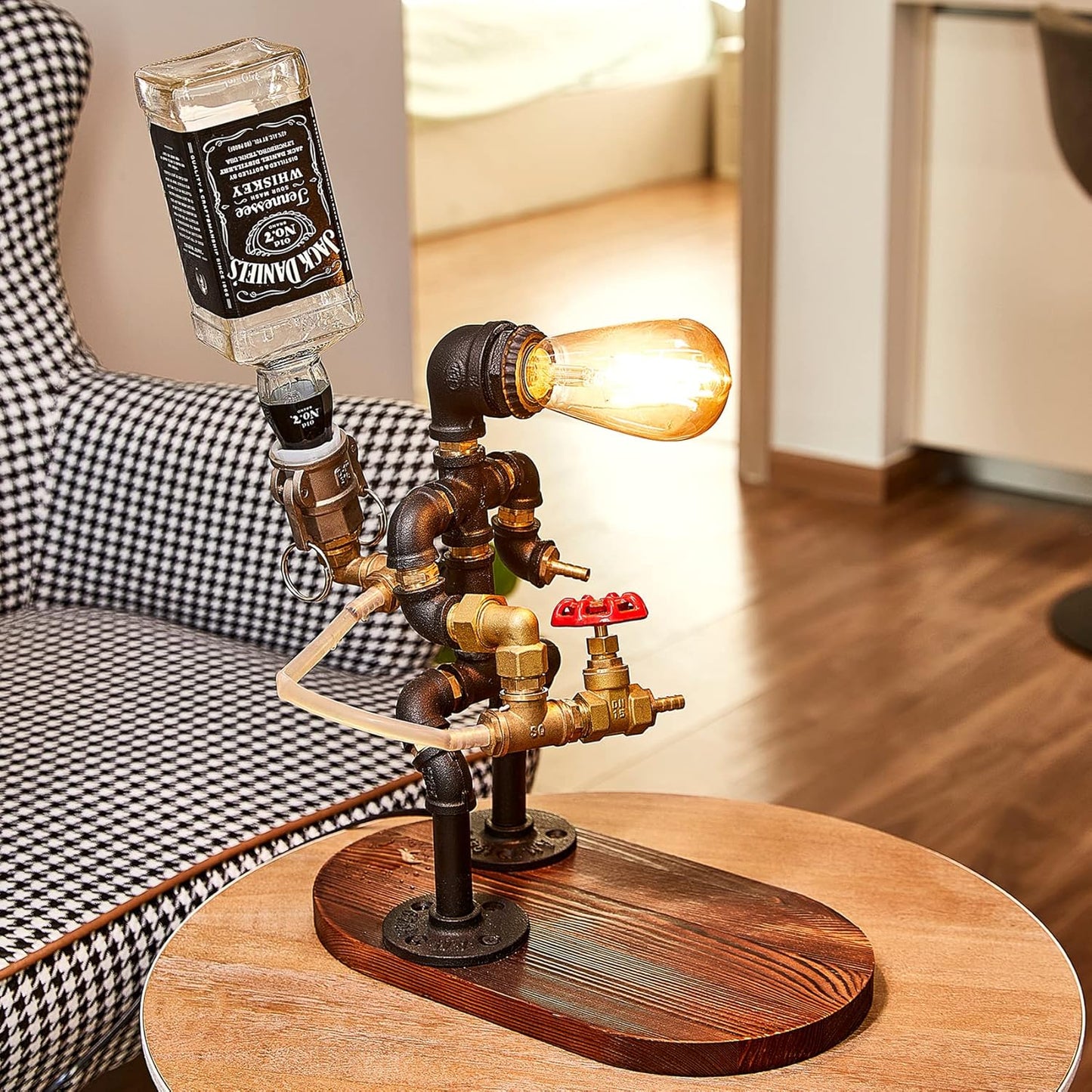 👾Steampunk Handcrafted Liquor Dispenser with Pipe Robot Lamp, Alcohol Whisky Wine dispenser, Industrial Whiskey Holder