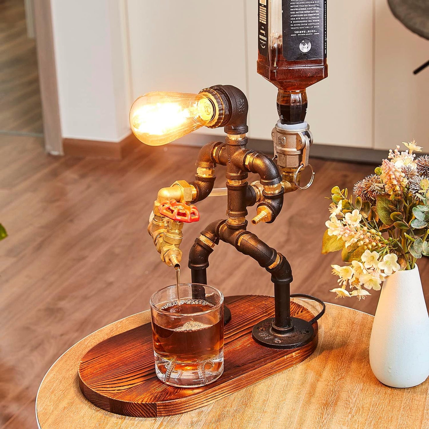 👾Steampunk Handcrafted Liquor Dispenser with Pipe Robot Lamp, Alcohol Whisky Wine dispenser, Industrial Whiskey Holder