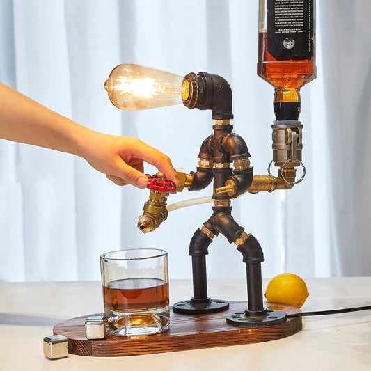 👾Steampunk Handcrafted Liquor Dispenser with Pipe Robot Lamp, Alcohol Whisky Wine dispenser, Industrial Whiskey Holder