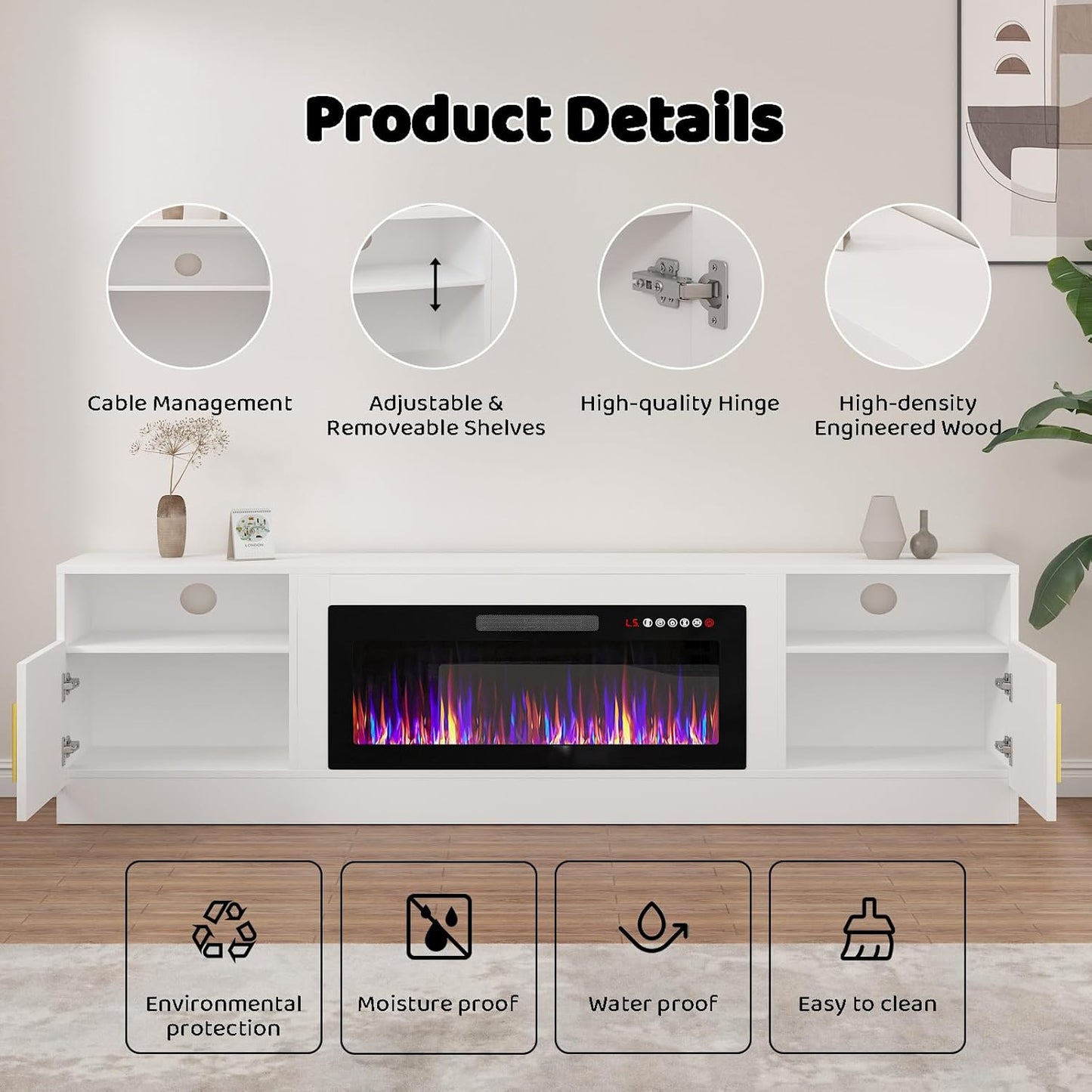 🔥Fireplace TV Stand with 36" Electric Fireplace,LED Light Entertainment Center,Media Console Table for Living Room