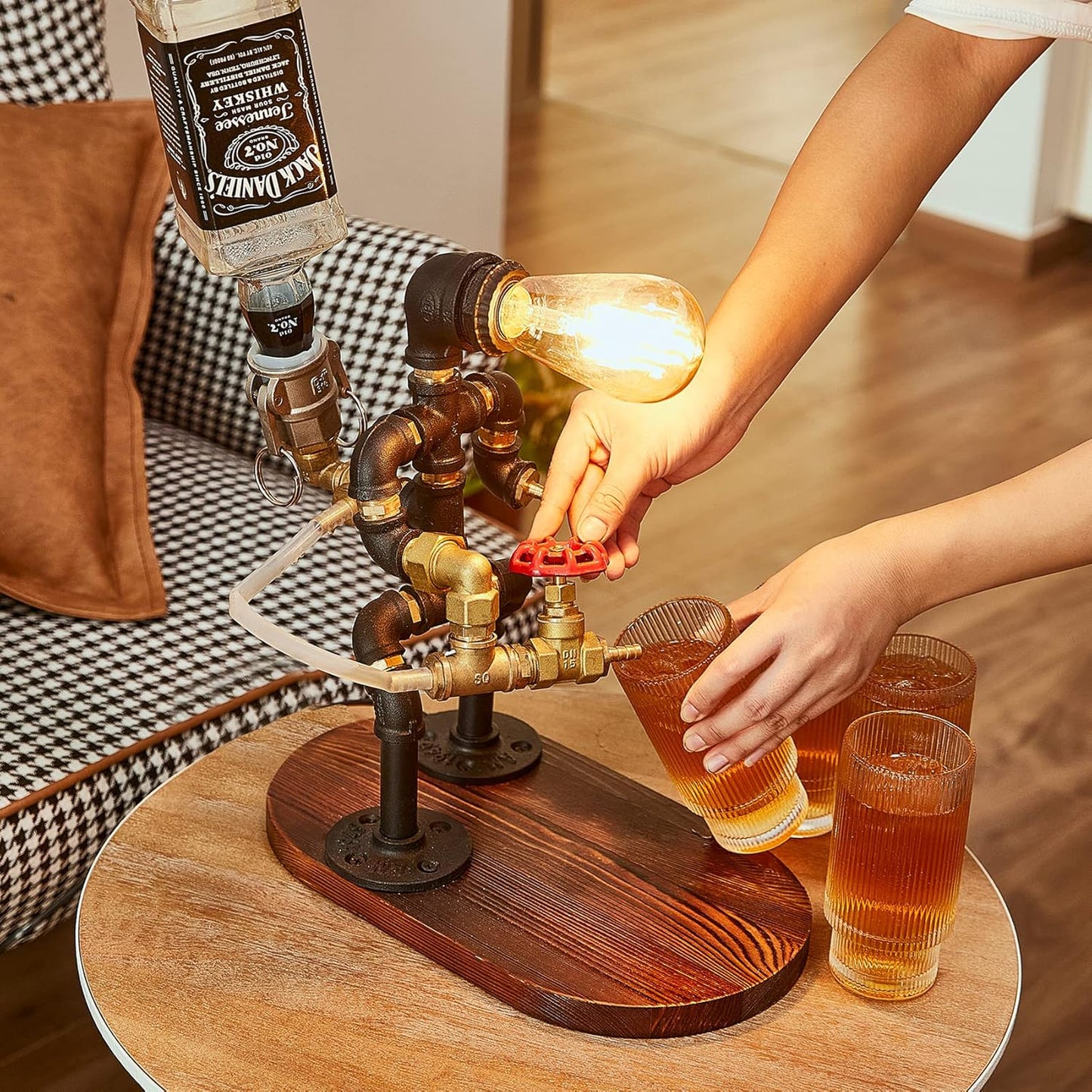 👾Steampunk Handcrafted Liquor Dispenser with Pipe Robot Lamp, Alcohol Whisky Wine dispenser, Industrial Whiskey Holder