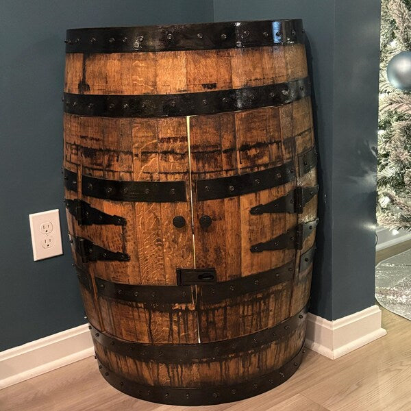 🧊Half Whiskey Barrel Cabinet Handmade Rustic Oak Furniture for Home Bar & Display, liquor cabinet, whiskey barrel bar