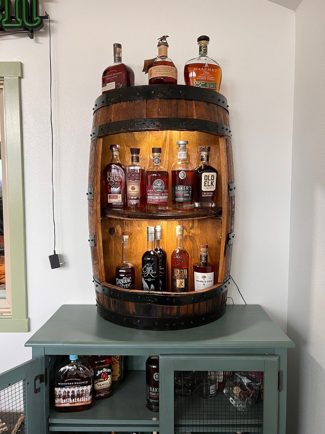 🧊Half Whiskey Barrel Cabinet Handmade Rustic Oak Furniture for Home Bar & Display, liquor cabinet, whiskey barrel bar