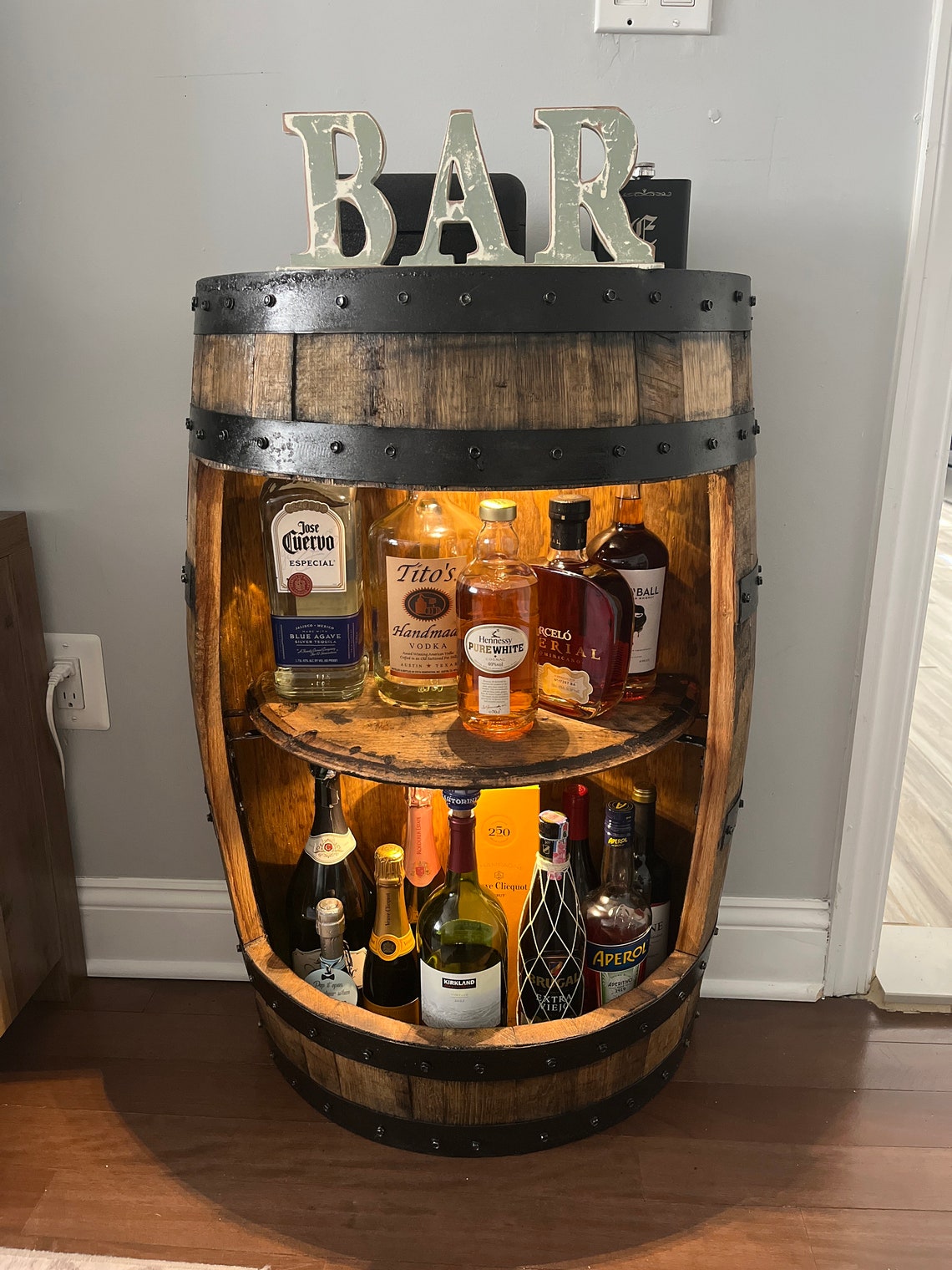 🧊Half Whiskey Barrel Cabinet Handmade Rustic Oak Furniture for Home Bar & Display, liquor cabinet, whiskey barrel bar