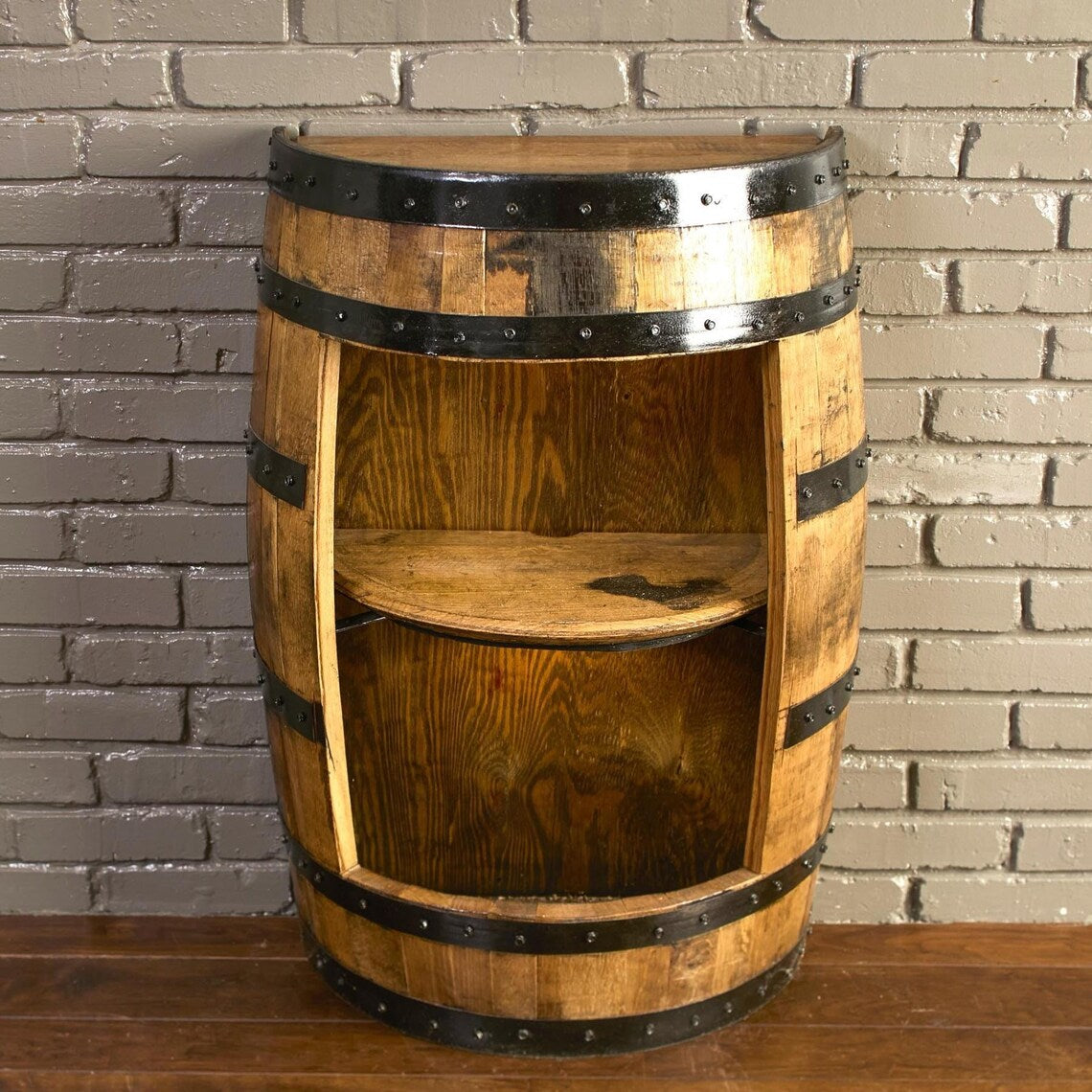 🧊Half Whiskey Barrel Cabinet Handmade Rustic Oak Furniture for Home Bar & Display, liquor cabinet, whiskey barrel bar
